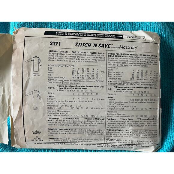 McCalls Sewing pattern 2171 knit mockneck dress long sleeve 1980s size 12 14 - Picture 3 of 5